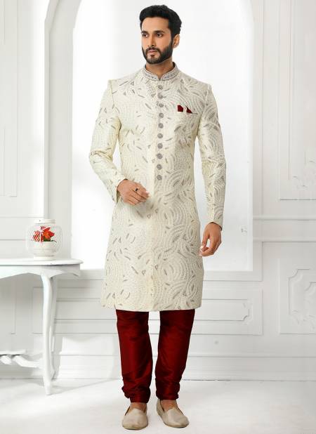 Cream And White Colour Designer Wedding Wear Art Silk Sherwani Collection 1767